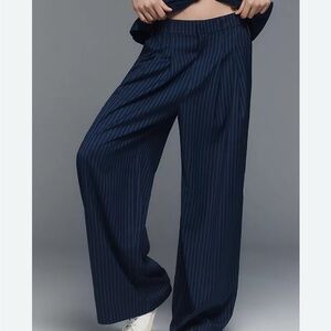 Avery Pleated Wide Leg Trousers Navy Pinstripe